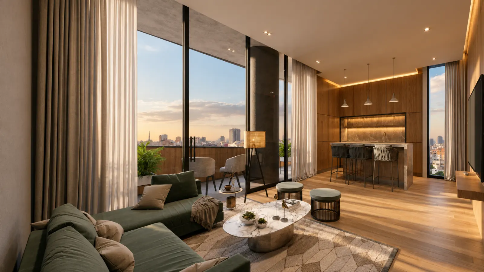 Sala de un apartamento de Arabia 87 al atardecer